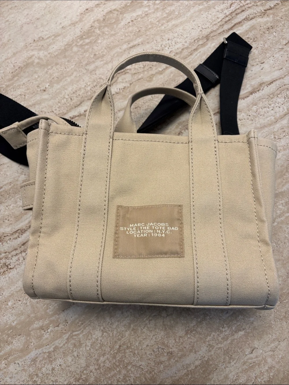 Marc Jacobs Small Beige Canvas 'The Tote Bag' with Black Strap - Picture 9 of 12
